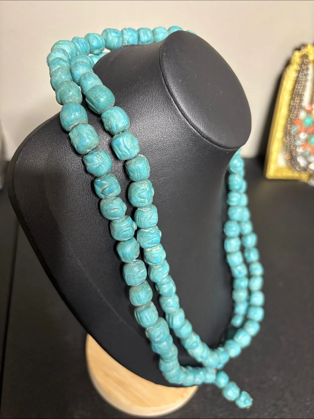 Southwestern Carved Ceramic Turquoise Beaded Long Bead Strand Necklace Unique